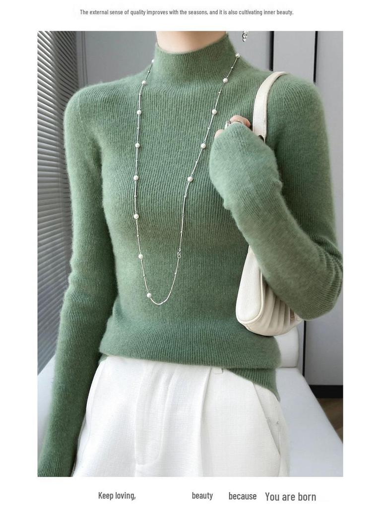 Women’s 2025 Autumn/Winter Pure Wool Sweater, Half-High Neck, Ribbed, Slim-Fit, Figure-Flattering with Cashmere Inner Layer