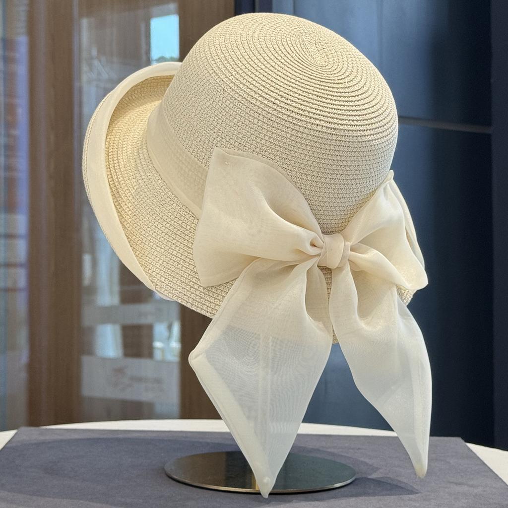 Korean Style Bow Woven Sun Hat for Kids Wide Brim Small Face Summer Outdoor Vacation Style Grass Hat