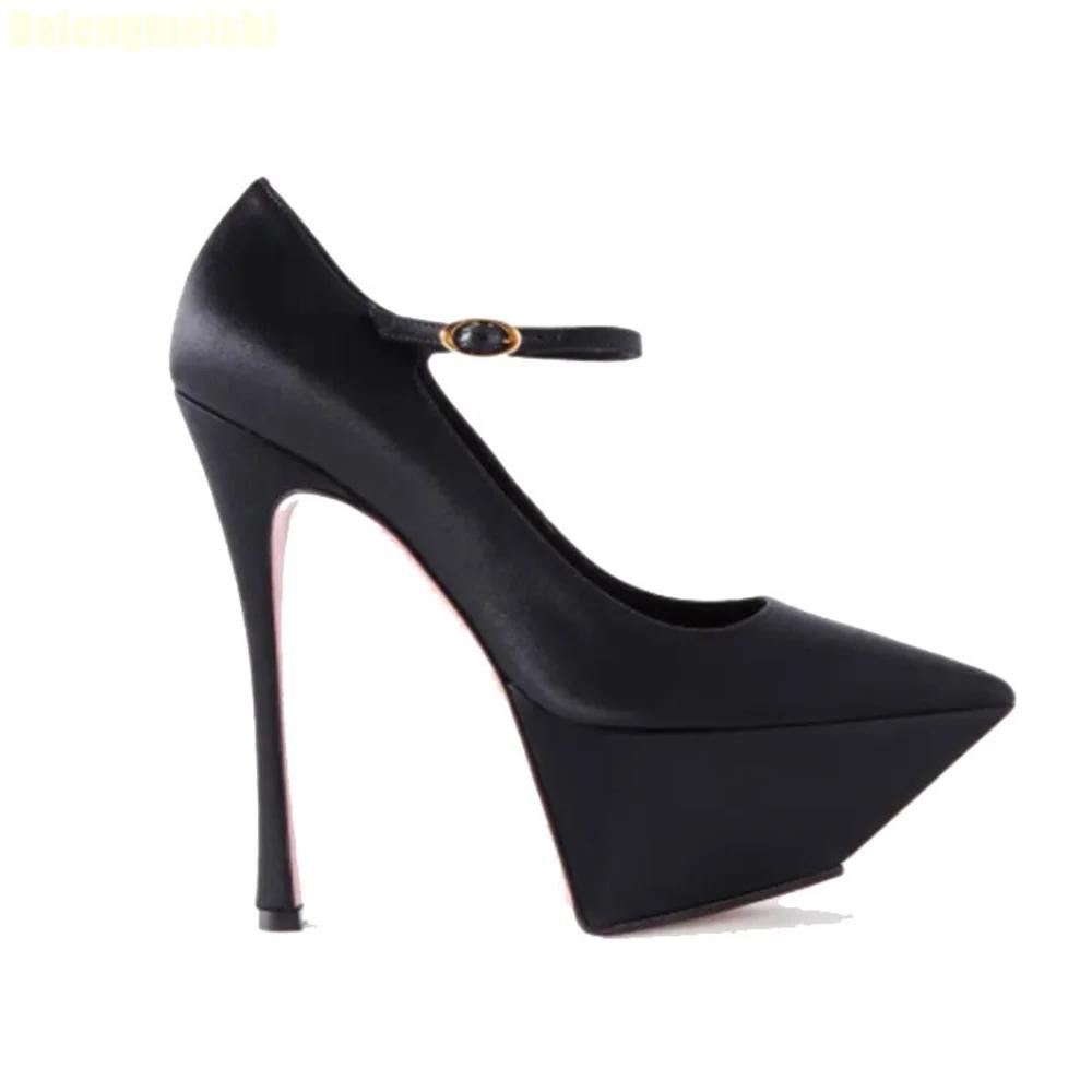 Women's Solid Color Leather Platform High Heels Pointed Toe Super High Thin Heel Sandals Ankle Strap Buckle Shallow Sexy Pumps