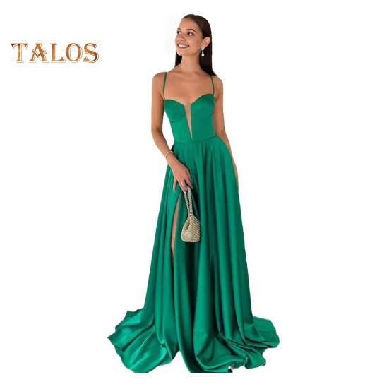 

Женское вечернее платье с глубоким вырезом, без воротника, со шнуровкой, с открытой спиной, без рукавов, плиссированное, на тонких бретельках, длиной до пола, облегающее, с высоким разрезом, однотонное M зелёный