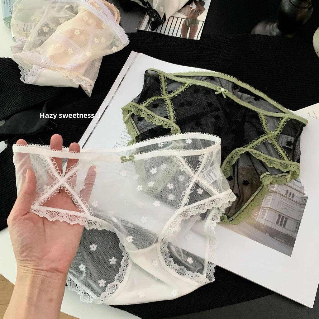 Ladies Spring Summer Sexy Hollowed Out Lace Mesh 10A Antibacterial Mid Waist Panties