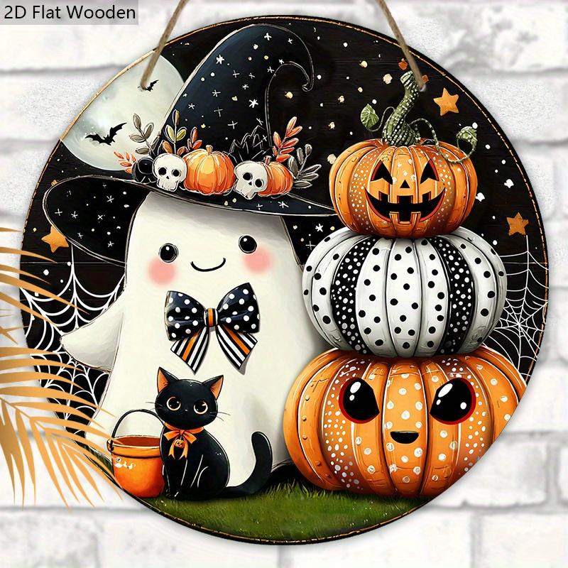 Halloween Wooden Sign with Pumpkin & Ghost Pattern - Charming Decorative Sign and Plaques - Ideal Front Door Decor - Halloween Decor