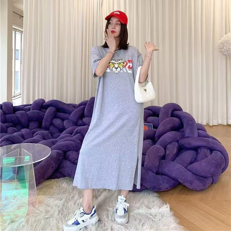 Loose and Casual Plus-size Mid-length Knee-length Long Dress, New Short-sleeved T-shirt Dress, Korean-style Printed Dress for Women