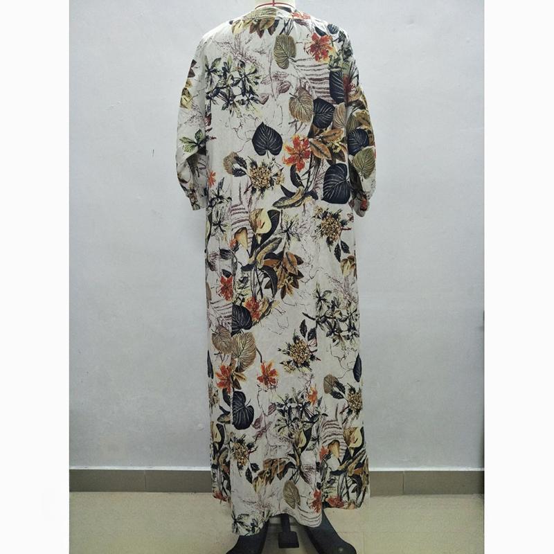 Cotton Linen Printed Plus Size Summer Dress Women V-neck Casual Loose Oversized Dress Woman Simple Vintage Floral Elegent Dresses 24363