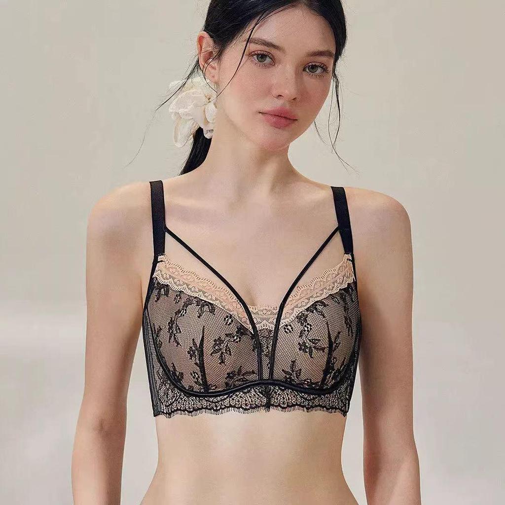 French Lingerie Lace Bra: Soft Underwire, Side Support, Adjustable Straps, and Anti-Sag for Plus Size