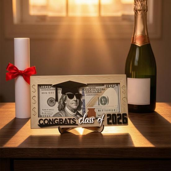 Graduation Money Holder, Class of 2026 Grad Card Gift Box, Wooden Cash Money Envelope Holder for High School College Graduates
