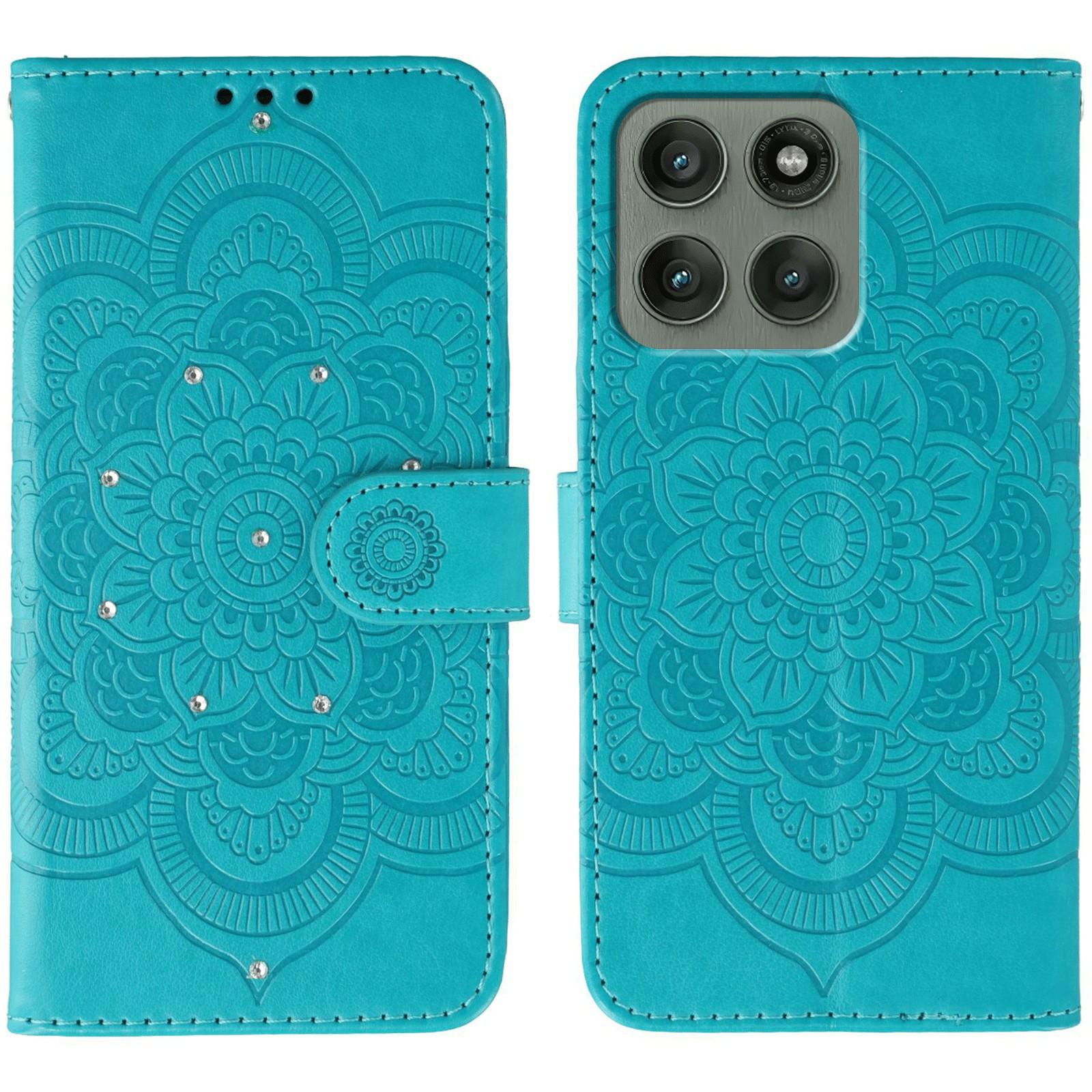 

For Motorola Edge 60 Pro 5G Case Rhinestone Decor PU Leather Mandala Imprinted Design Phone Cover with Wrist Strap Blue