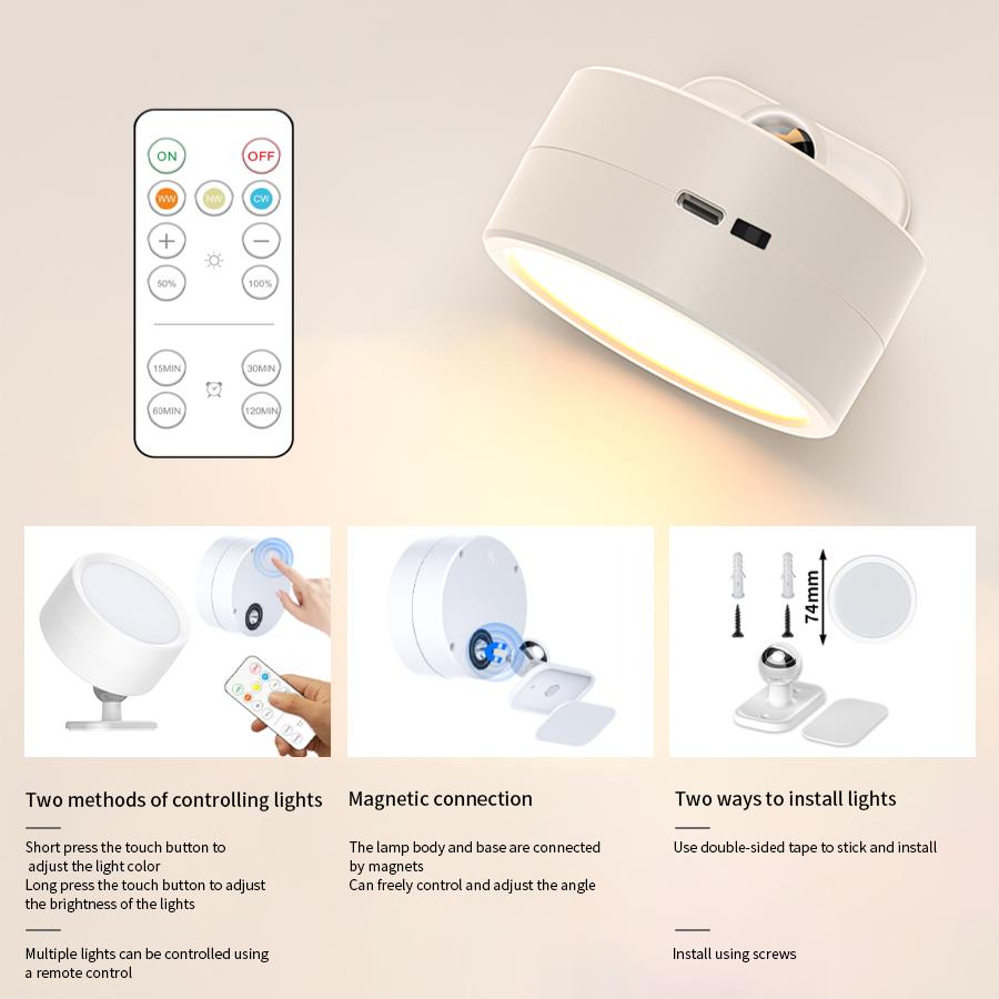 LED Magnetic Wall Sconce Light with Remote Control Dimmable Rechargeable Lamp 360° Rotation Cordless Wall Mount Lamp for Bedroom