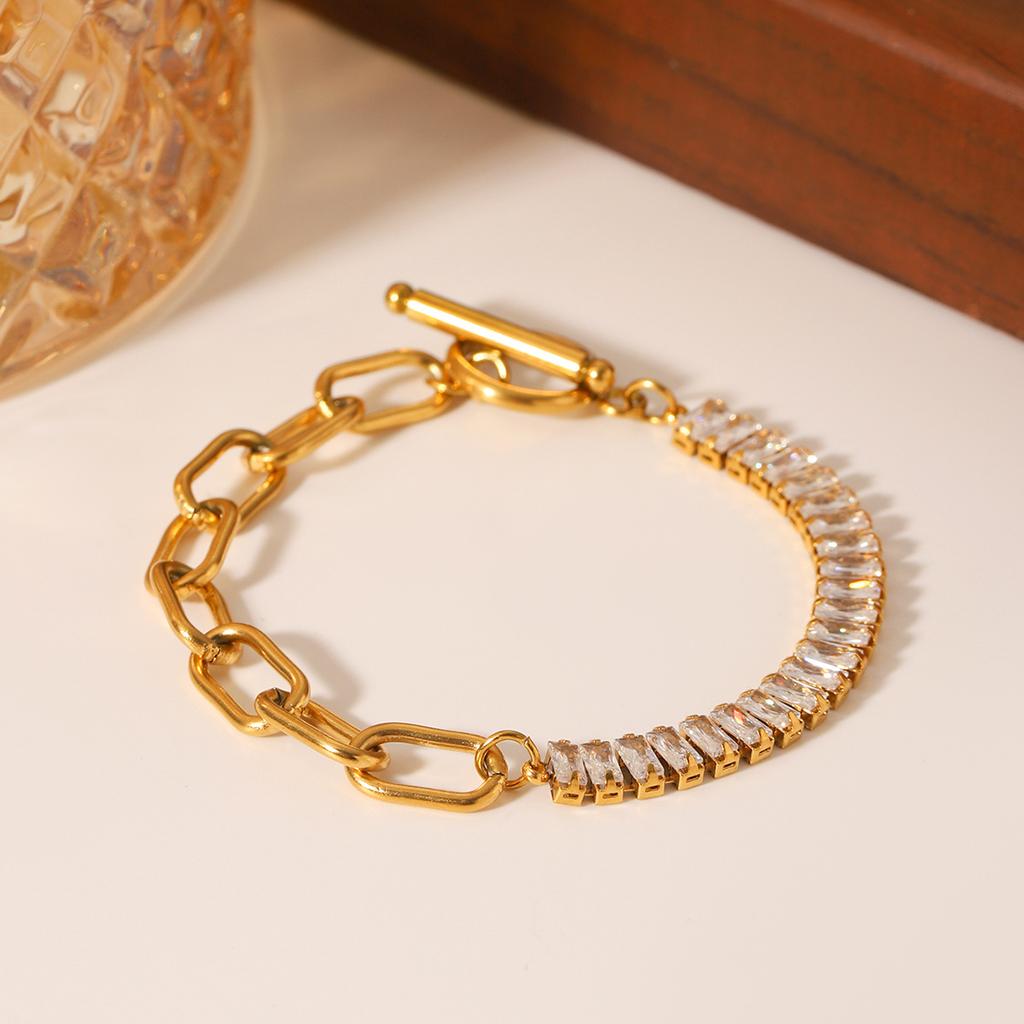 OT Buckle Stainless Steel Cross Chain Spliced Zircon Bracelet for Women, Premium Titanium Steel Bracelet