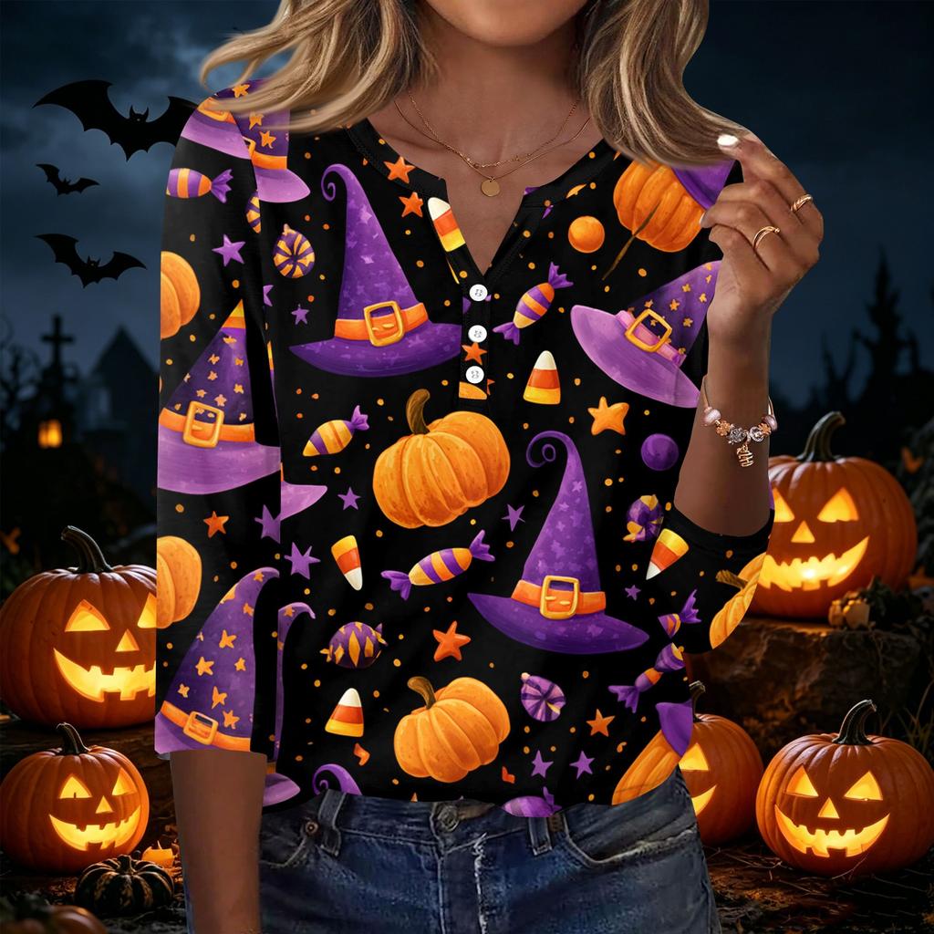 Women Casual Halloween Printed V Neck Button Three Quarter Sleeve T Shirt Top Lightweight Comfortable Fit Seasonal Style