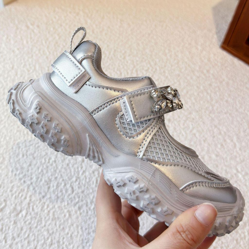 Silberne Prinzessin Schleifenschuhe - Geschlossene Strasskristall-Abendschuhe für Mädchen mit weicher Sohle und hohen Absätzen