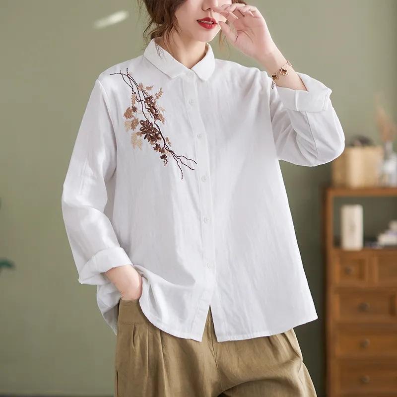 

Весенняя ретро-рубашка больших размеров для женщин с длинными рукавами, свободный повседневный вышитый кардиган 3XL белый