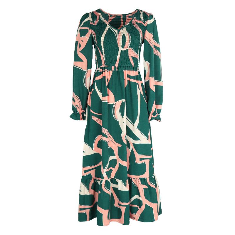 Otoño Invierno mujer manga larga estampado elegante cuello en V gasa A-Line hasta la rodilla vestido de cintura alta