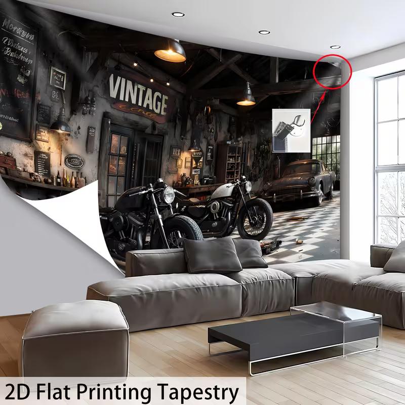 

2D Retro Mechanic Shop Tapestry, Industrial Biker Wall Hanging 47.2x31.5inch/120*80cm