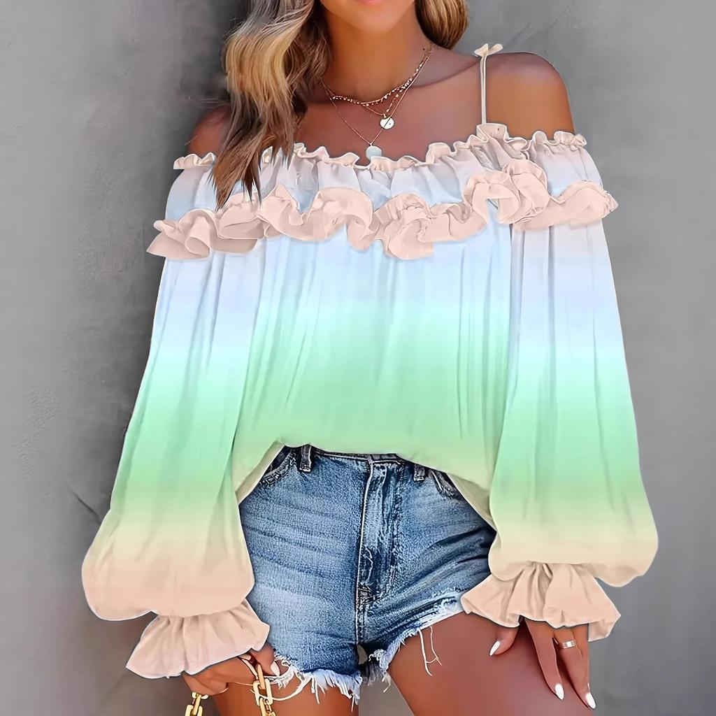 Bluzka/koszula damska z odkrytymi ramionami, kontrastowa, z efektem gradientu, z koronką i koronką, duży rozmiar