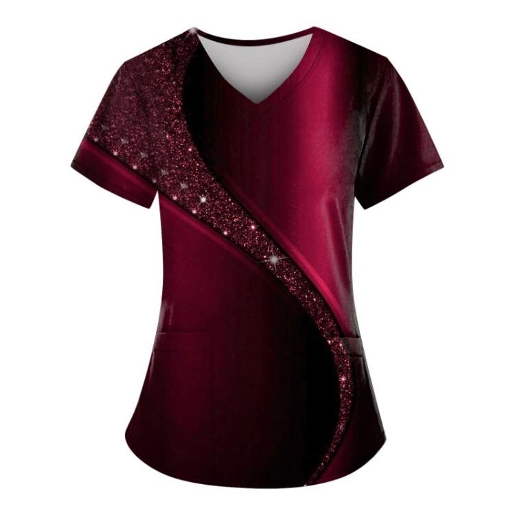 Plus Size Women's V-Neck Short Sleeve Work Scrub Top With Pockets Fun Printed Tee For Working Uniform T-Shirt