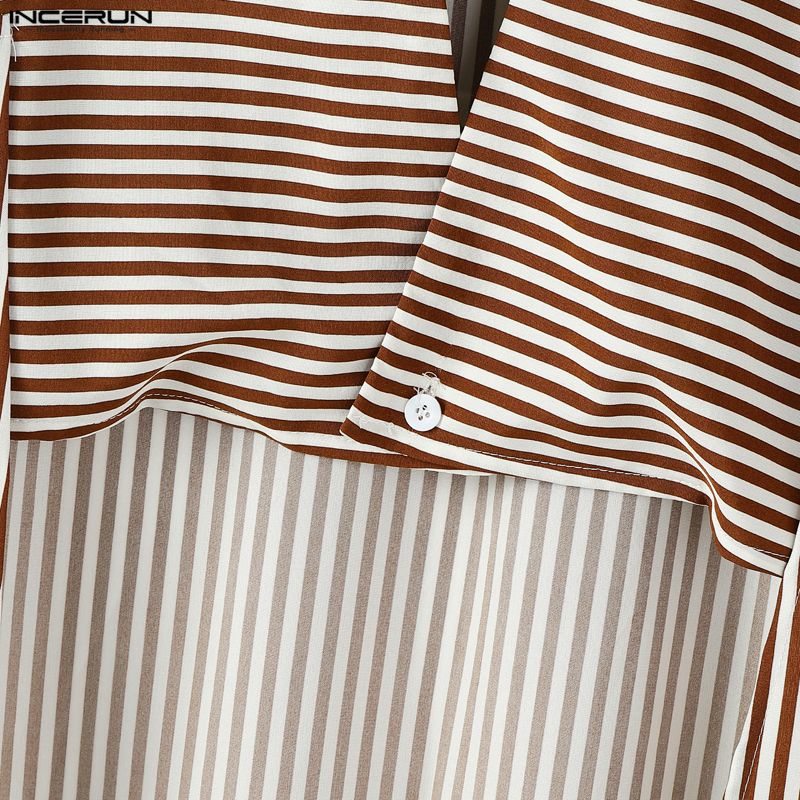 INCERUN Spring Men Neck Long Sleeve Striped Irregular Casual Long Cardigan Shirts Tops