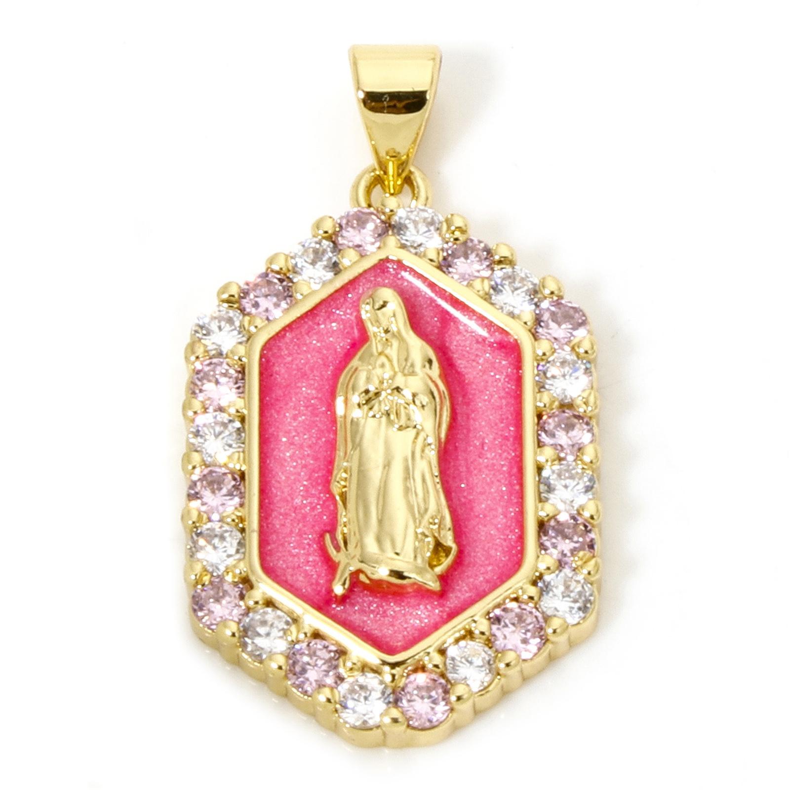 1 PC Virgin Mary Religious Brass Pendants 18K Gold Plated Pearlized Hexagon Enamel Cubic Zirconia Charms Pendants 3cm x 1.7cm розовый