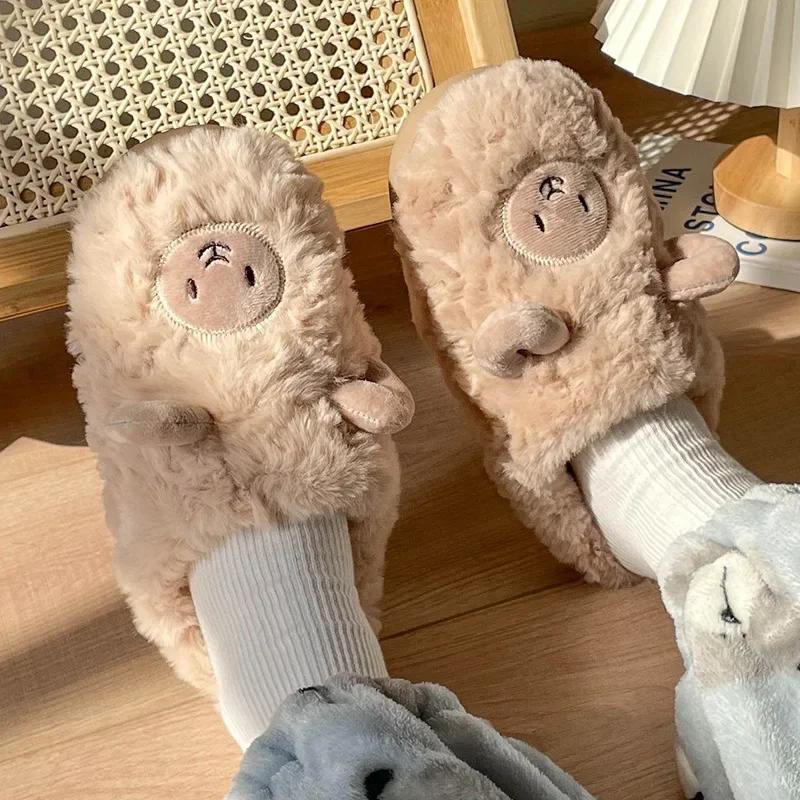 2024 Cotton Slippers Lovers Cute Cartoon Girl Heart Sheep Drag Winter Indoor Home Soft Bottom Plush Cotton Drag