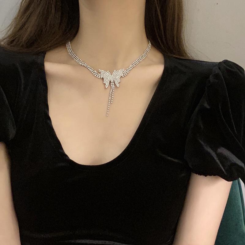 Butterfly Necklace Women'S Collarbone Chain Full Of Diamonds Tassel Choker Necklace Sweater Chain Accessories