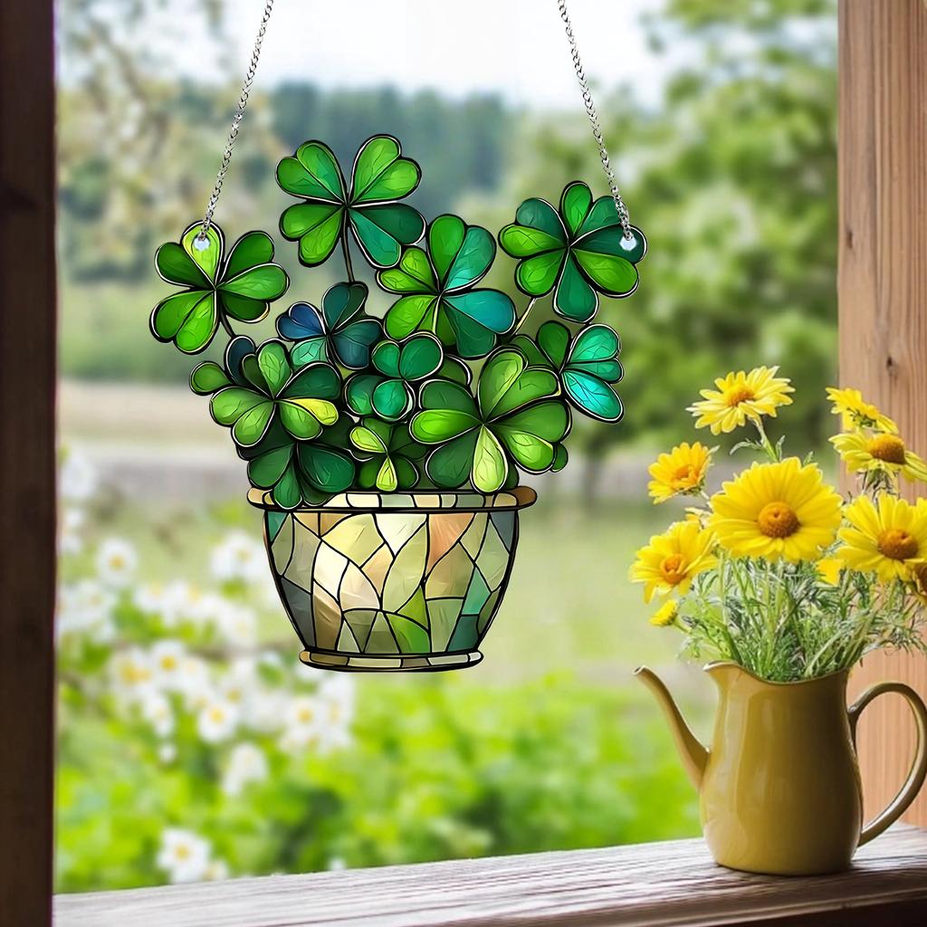 Stained Glass Window Hanging,Green Clovers Sun Catchers Colorful Window Panel Bless Suncatchers Decors Home Decors