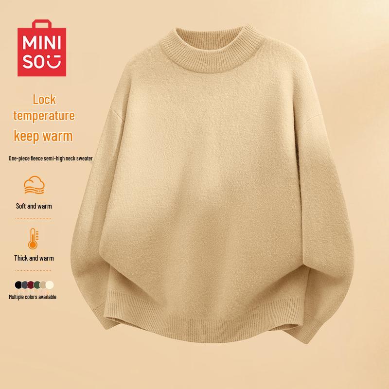 MINISO Men s American Retro Plush Lined Semi-High Collar Knit Sweater L