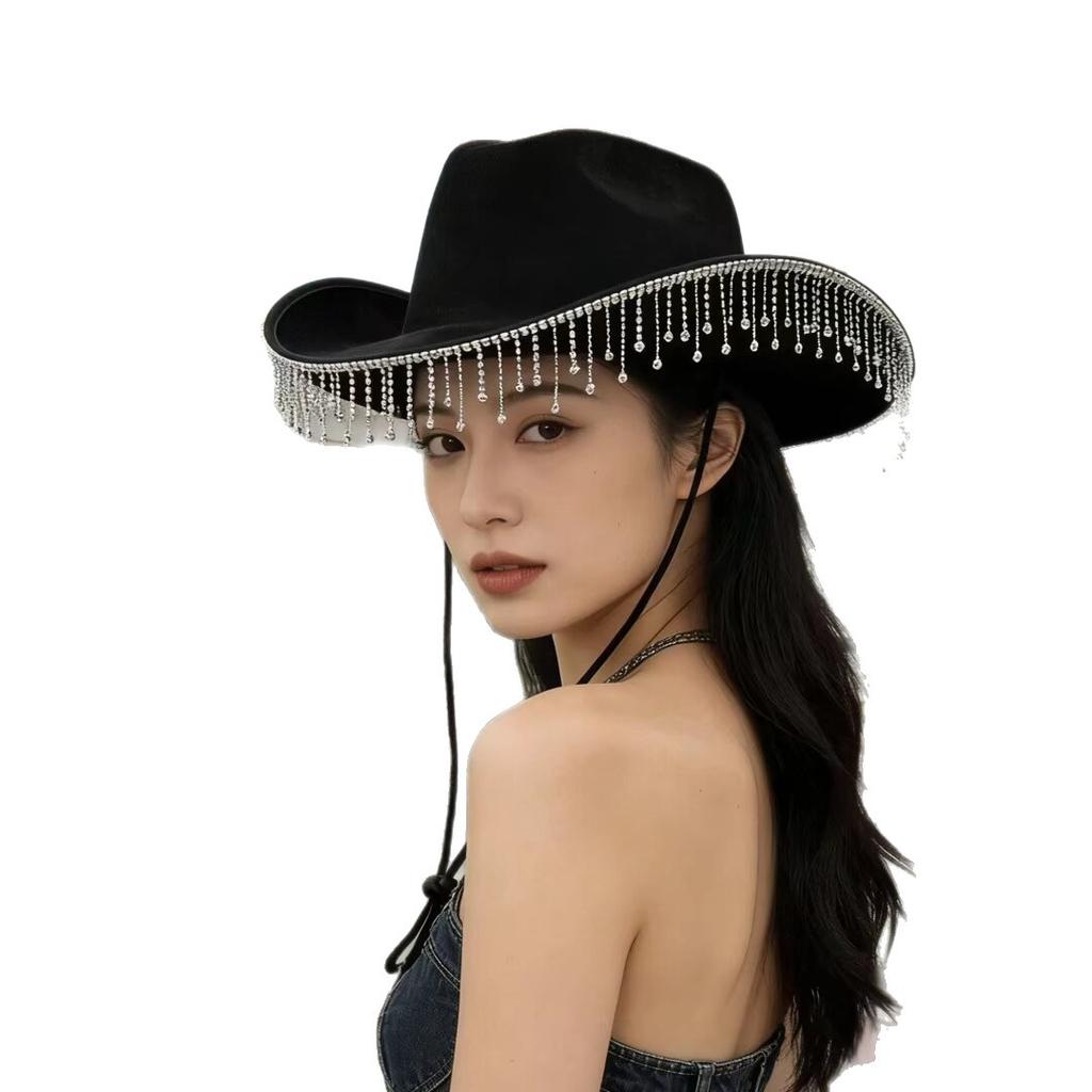 European and American New Party Party Fringed Rhinestone Top Hat Nightclub Style Party Jazz Hat Diamond Chain Decorative Hat Tide