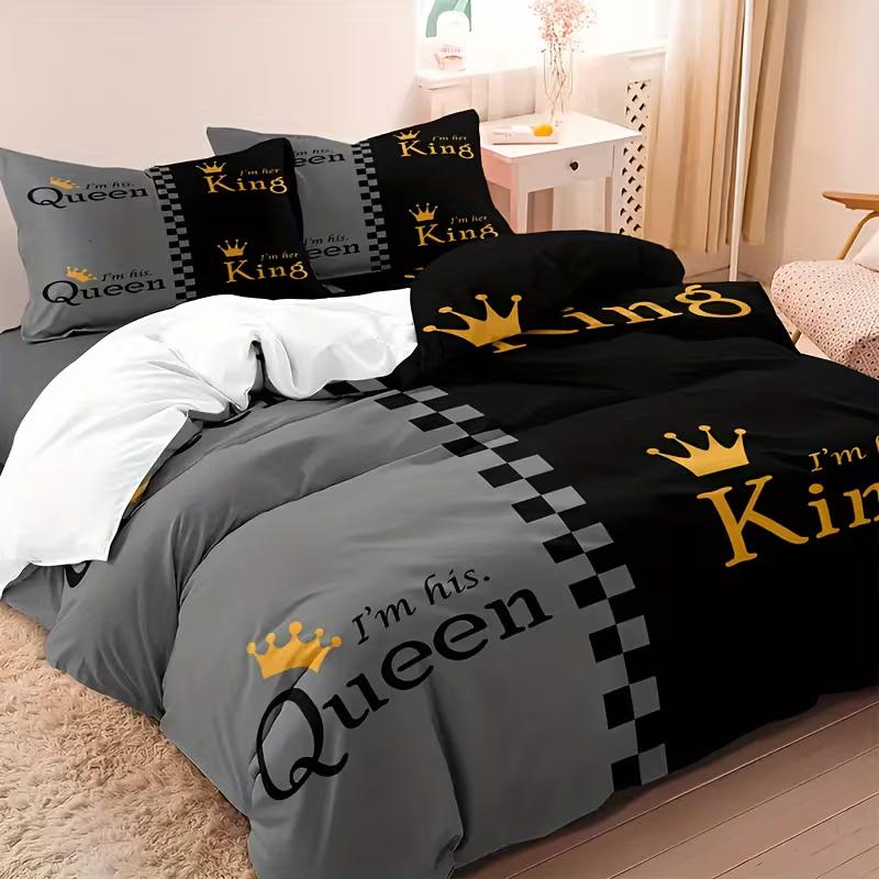 

King & Queen Crown Bedding Set Couple Duvet Cover Queen King Double Duvet Cover Pillowcase 2/3pc Gift Soft Bedroom Decoration Baby 100x135cm