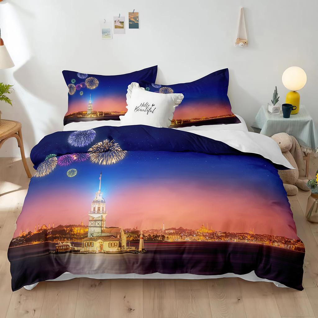 Blue Fireworks Duvet Cover Set 3D Romantic Theme Beautiful City Night New Year Festival Accessories for Kids Teens Bedroom Decor