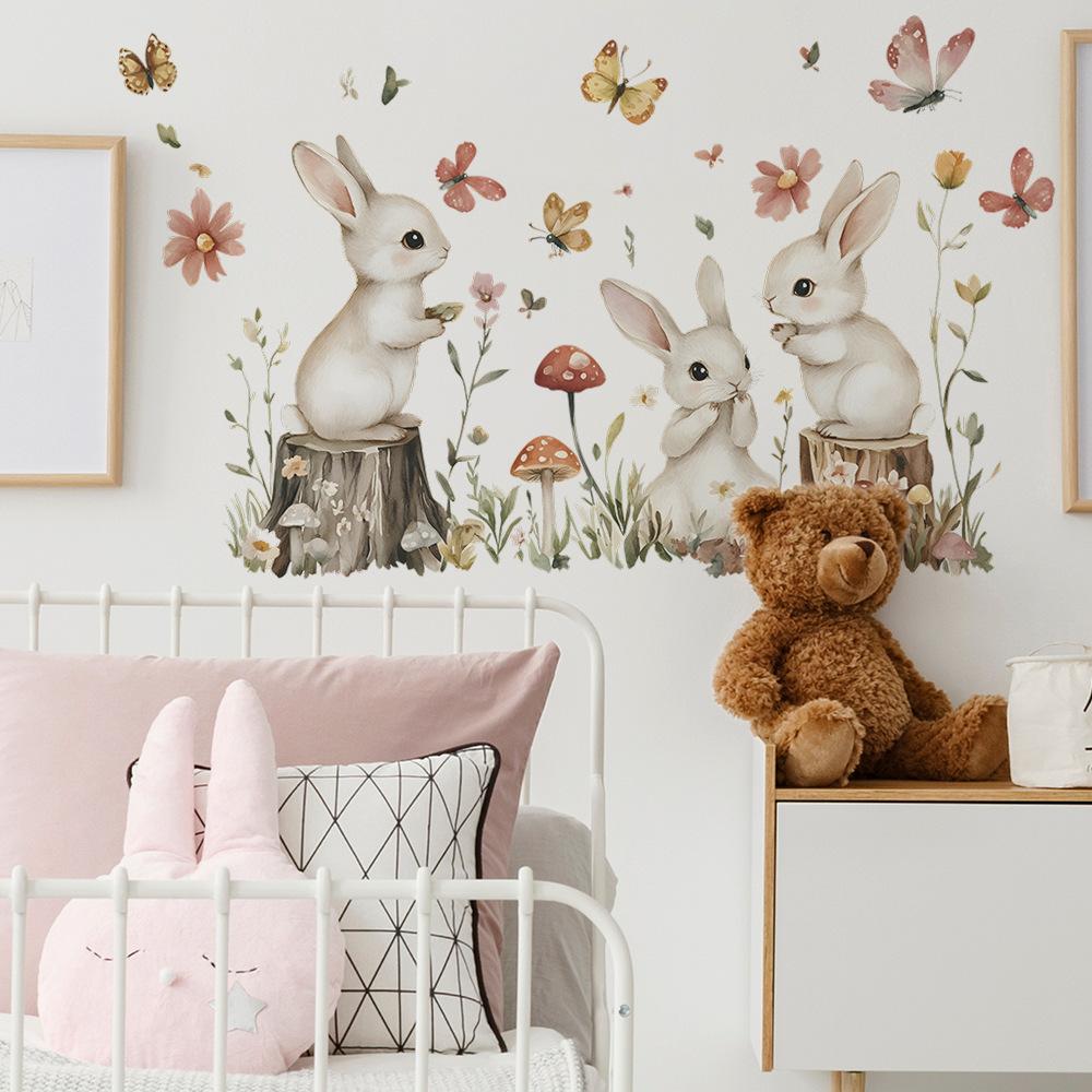 2 Pcs Cartoon Bunny Flowers and Leaves Bedroom Living Room Home Background Beautification Decoration Wall Stickers