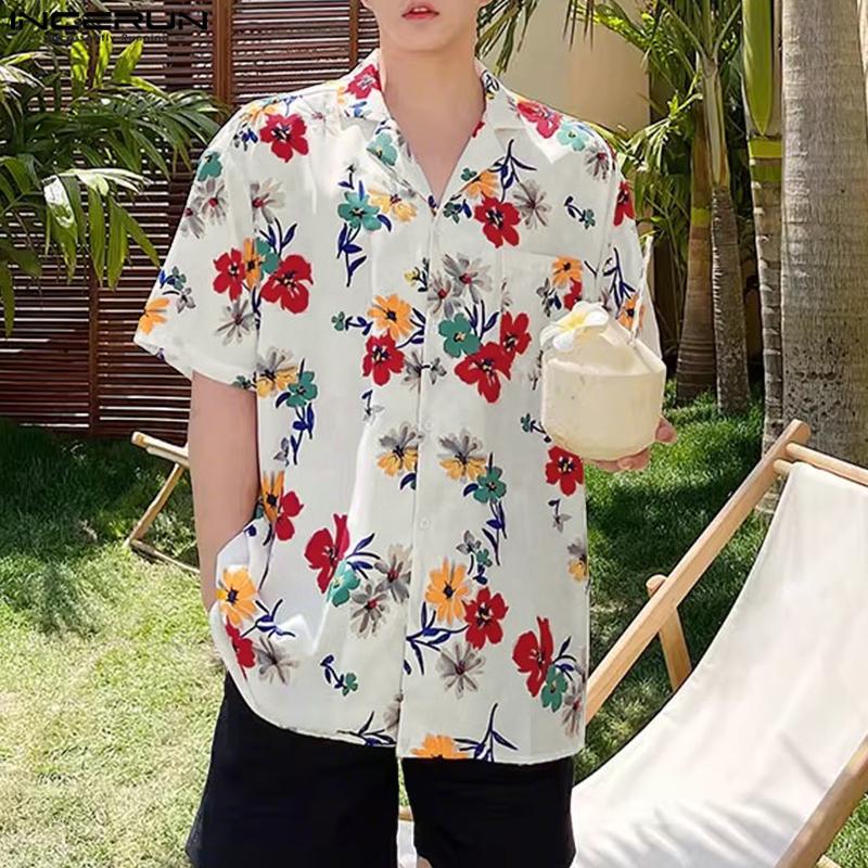 

INCERUN Summer Oversized Men Lapel Short Sleeve Floral Print Hawaiian Shirts S белый