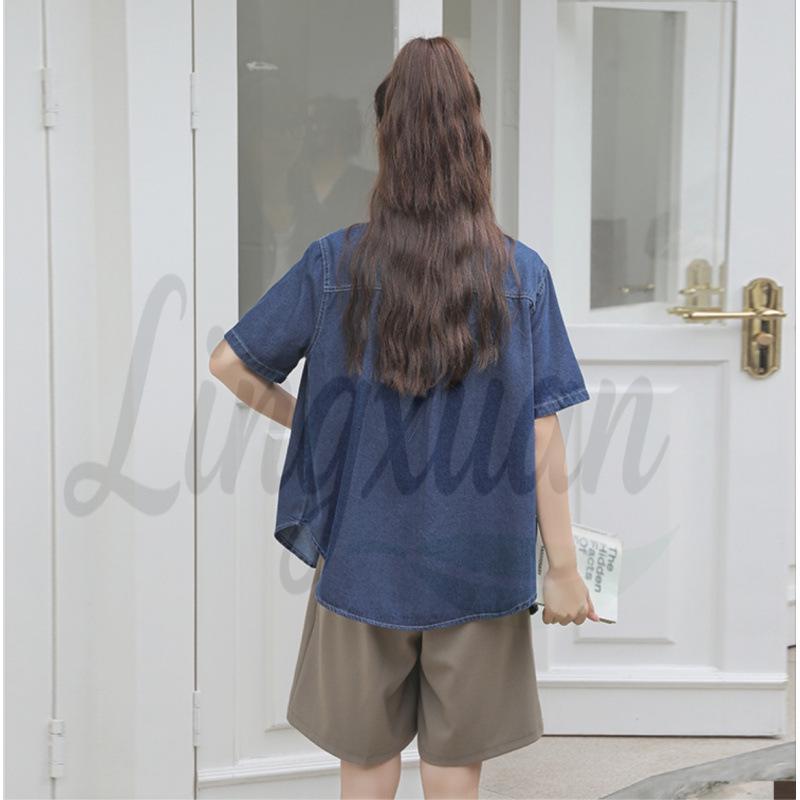 

Korean Retro High-End Casual Loose Short-Sleeve Top XL темно-синий
