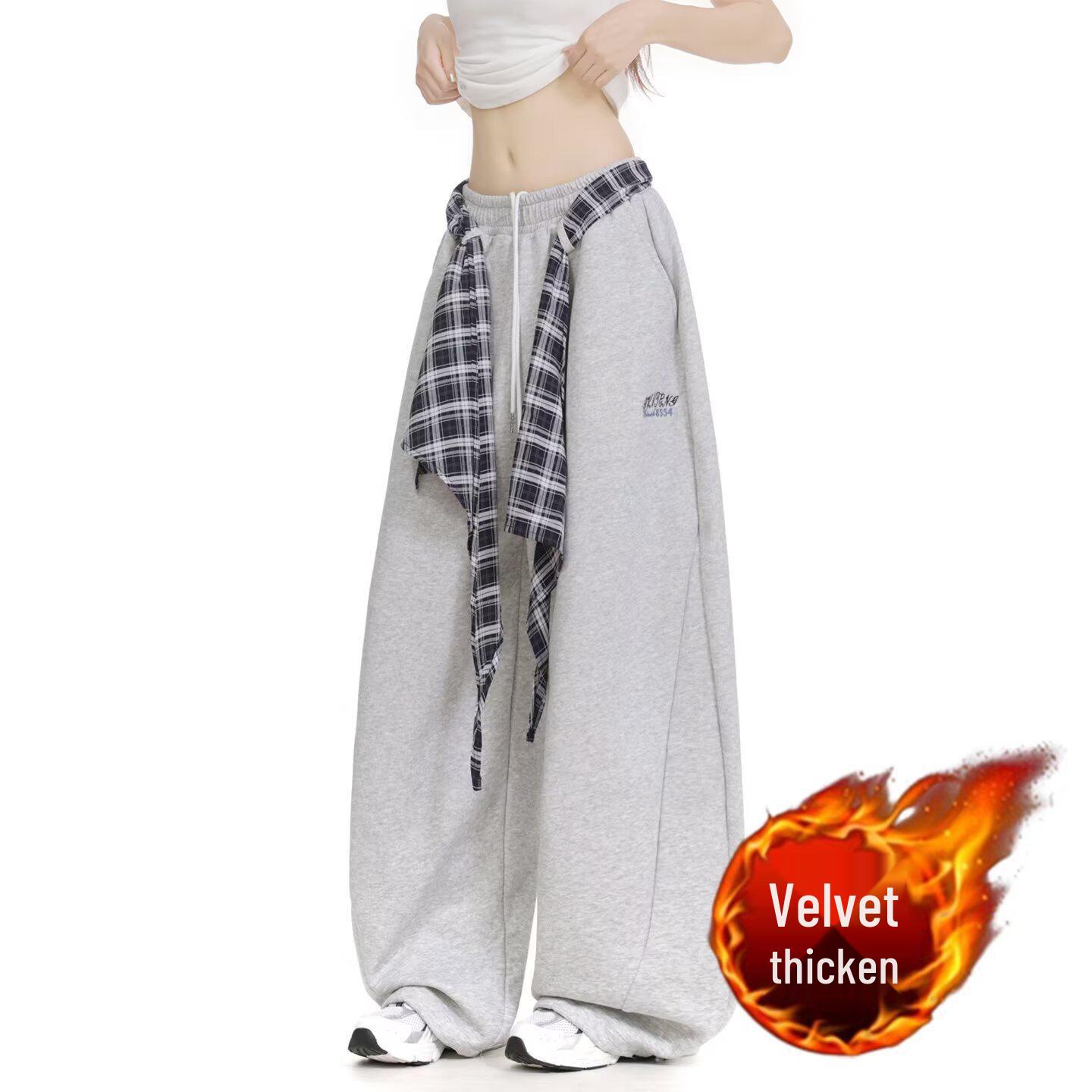 

Free Belt Checkered Layered Plus Velvet Wide-Leg Sweatpants for Women - Winter Hip Hop Dance Scimitar Pants 2XL