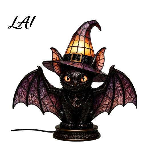 Retro Resin Desk Lamp Stained Glass Witch Hat Lamp Halloween Black Cat B