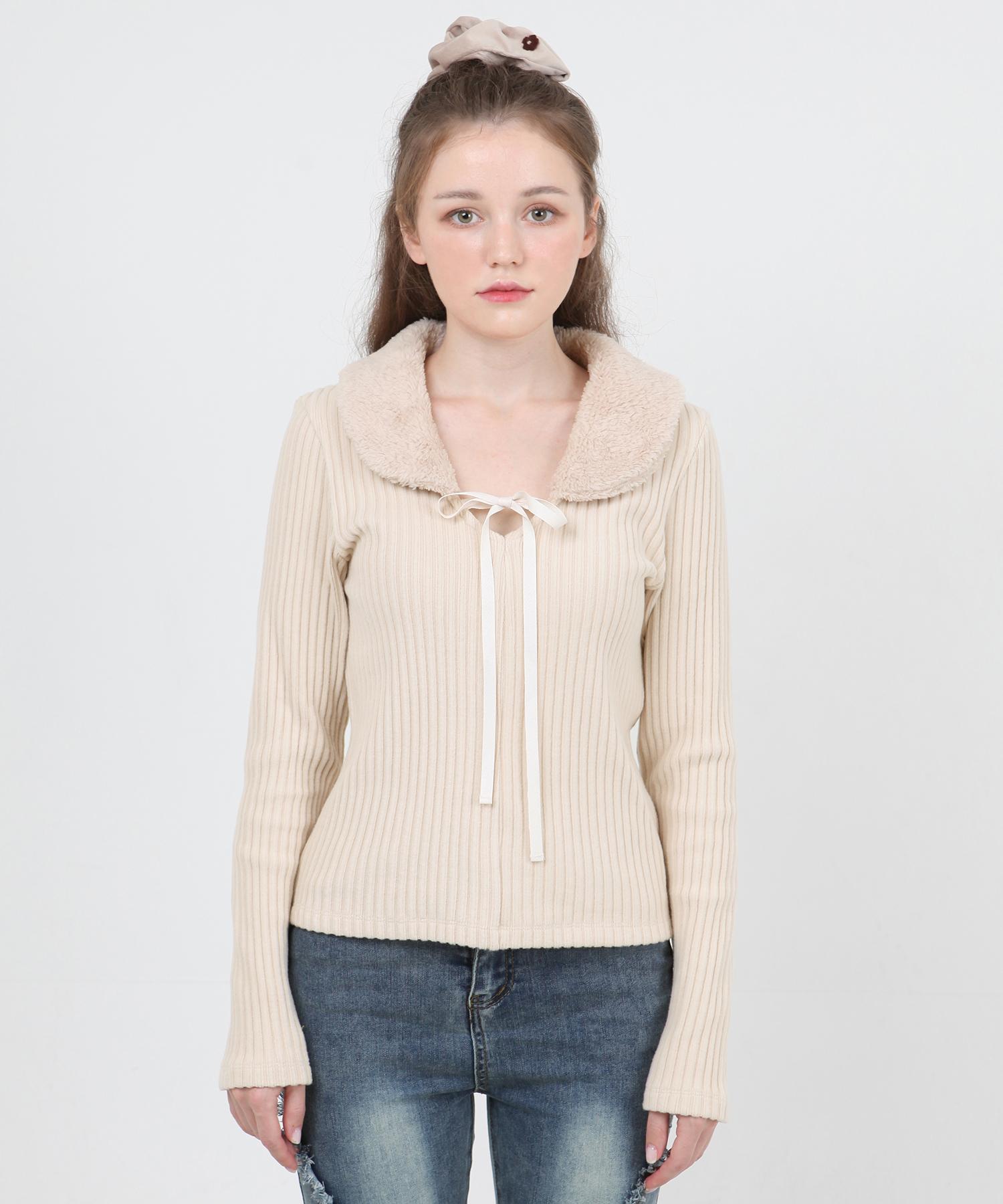Kathrin Fur Collar Knit T-Shirt (Beige) Beige