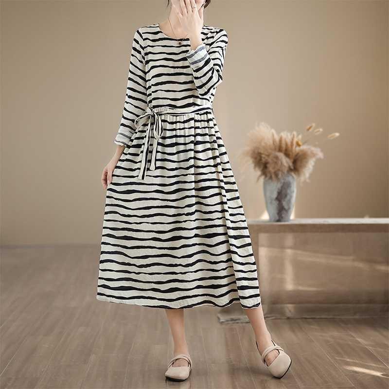 Striped Printed Round Neck Long Sleeve Tie Dress