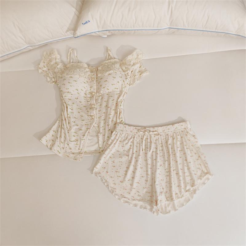 Women's Lace Camisole Sleepwear Set with Chest Pads - Sweet & Sexy Spring/Summer Homewear.
