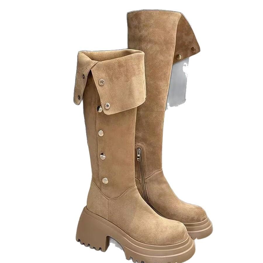 [Ogromna wysokość wyświetlacza 8 cm] Długie buty na grubej podeszwie, niewielkie podwyższenie, buty jeździeckie za kostkę, damskie składane buty westernowe