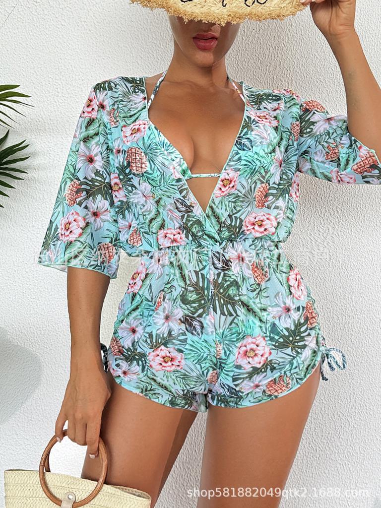 Swimsuit Beach Sunscreen Tropical Plant Printed Blouse Swimsuit Women's Three-piece Neck Bikini