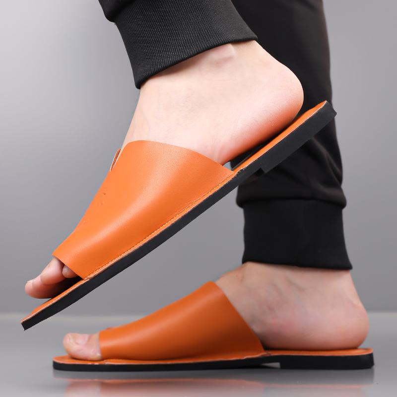 Herren Schwarz Leder Hausschuhe Handgemacht Einfache Flache Schuhe Sommer Orange Römische Sandalen Offene Zehen Strand Schuhe Übergröße