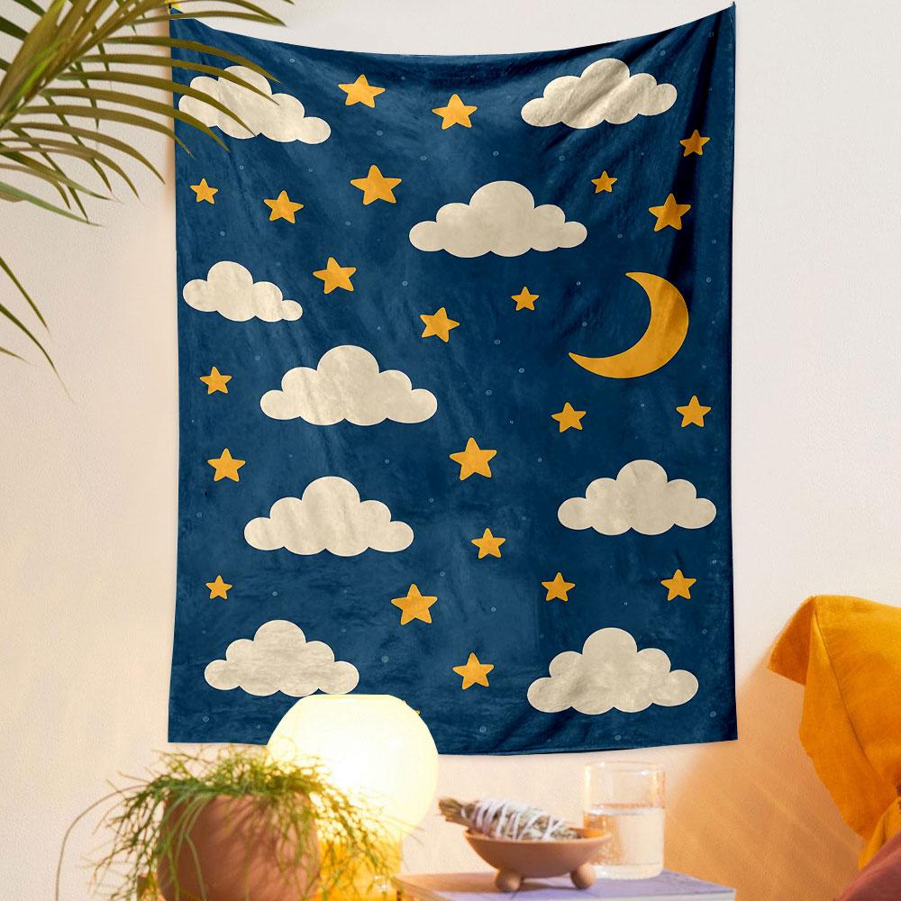 Clouds, Stars, and Moon Night Design Patterned Tapestry Decorative Wall Hanging, Home Bedroom Living Room Decor