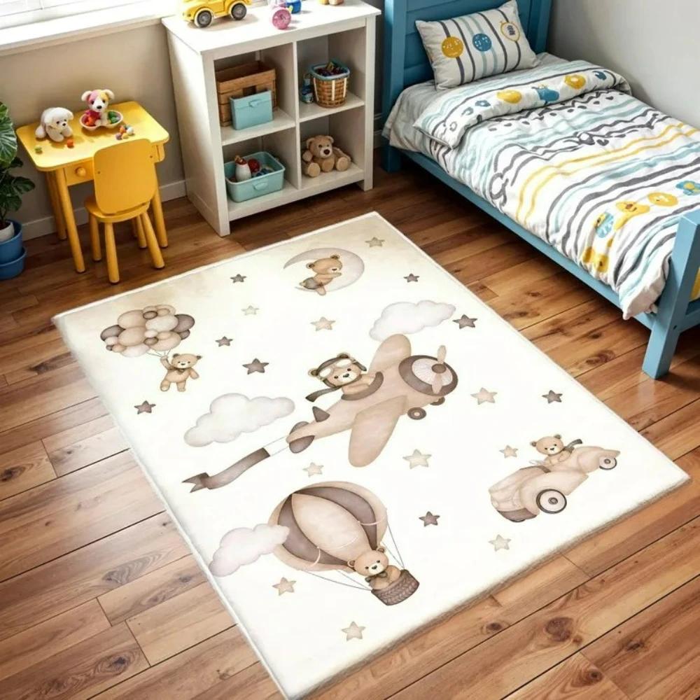 Cartoon Bear Airplane Patterned Kid's Carpet Hot Air Balloon Kids Mat Girls Boy Gift NonSlip Activity Rug Kids Rug Brown Mats