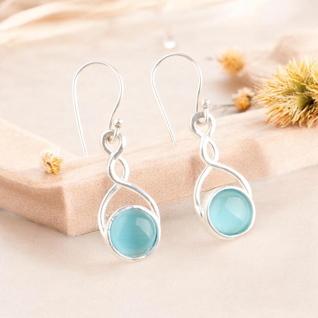 Attractive Blue Cat's Eye Gemstone 925 Sterling Silver Handmade Earrings 1.68" CE-15-43