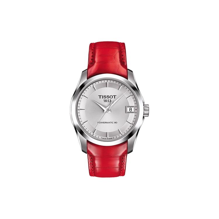 TISSOT Kutu Collection Automatic Mechanical Movement Women s Watch 32mm Silver Dial Genuine Leather Strap T035.207.16.031.01 Red Strap