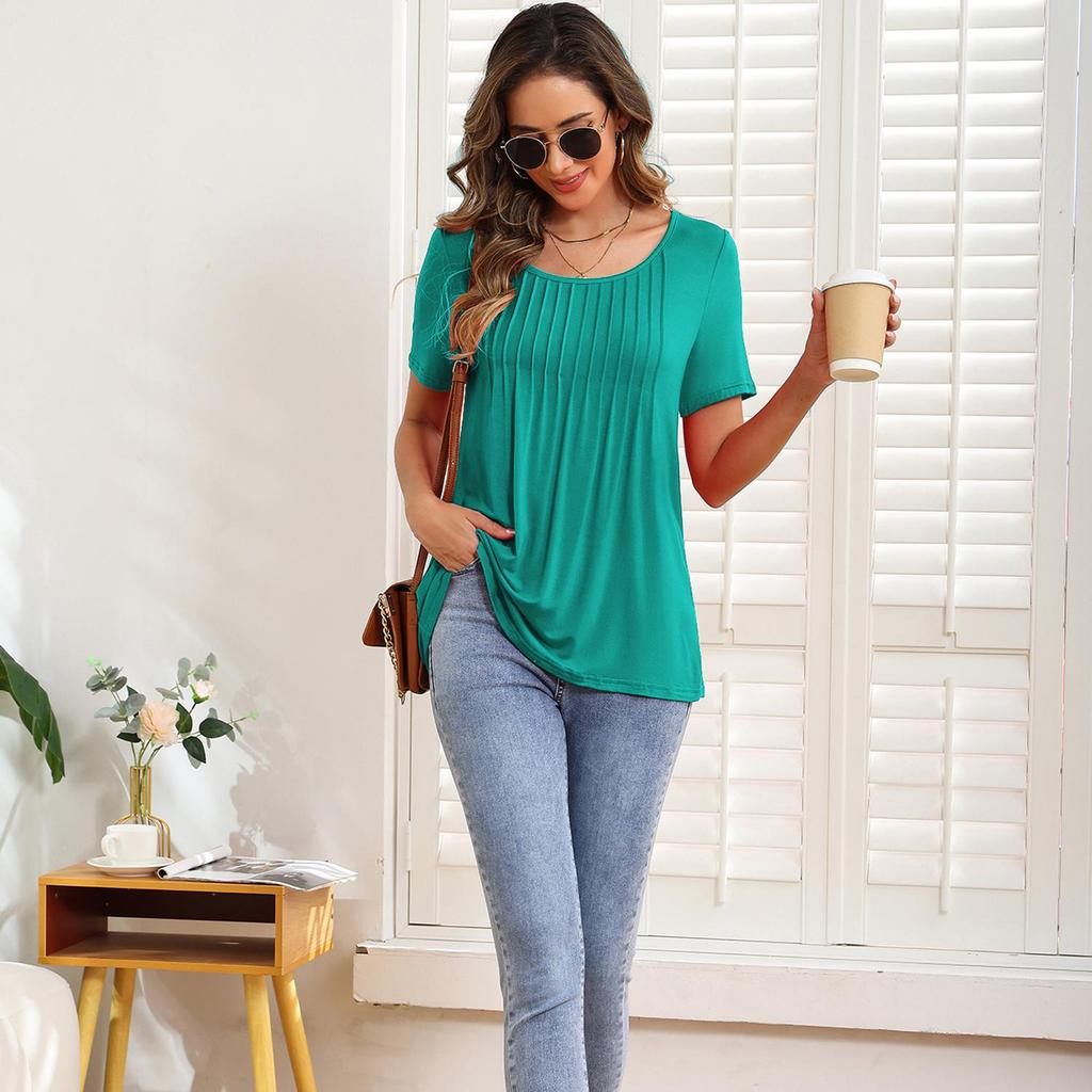 Women’s Shirts Round-neck Short Sleeves Loose Tops Pullover Pleated Stripes T-shirts Solid Color Summer Spring Casual Wear