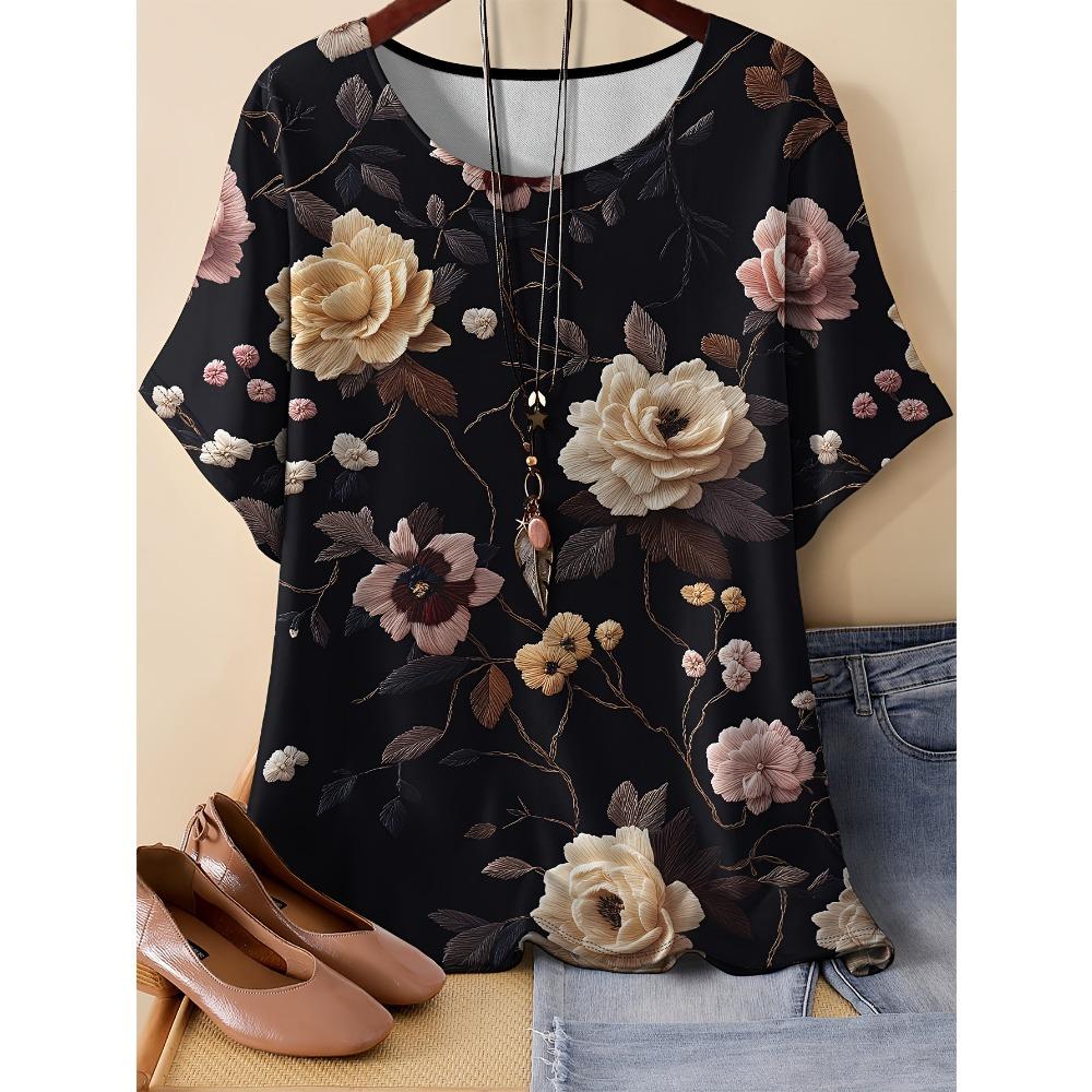 Summer Women's Vintage Style Flower Round Neck T-shirt 3D Printed Short Sleeved Fashionable Comfortable Soft Breathable Large Loose T-shirt
