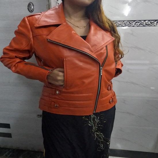 Noora Womens Lambskin Orange Leather Jacket | Stylish Motorcycle Biker Rider Jacket | Slim Fit Winter Party Jacket | Best Gift for Her
