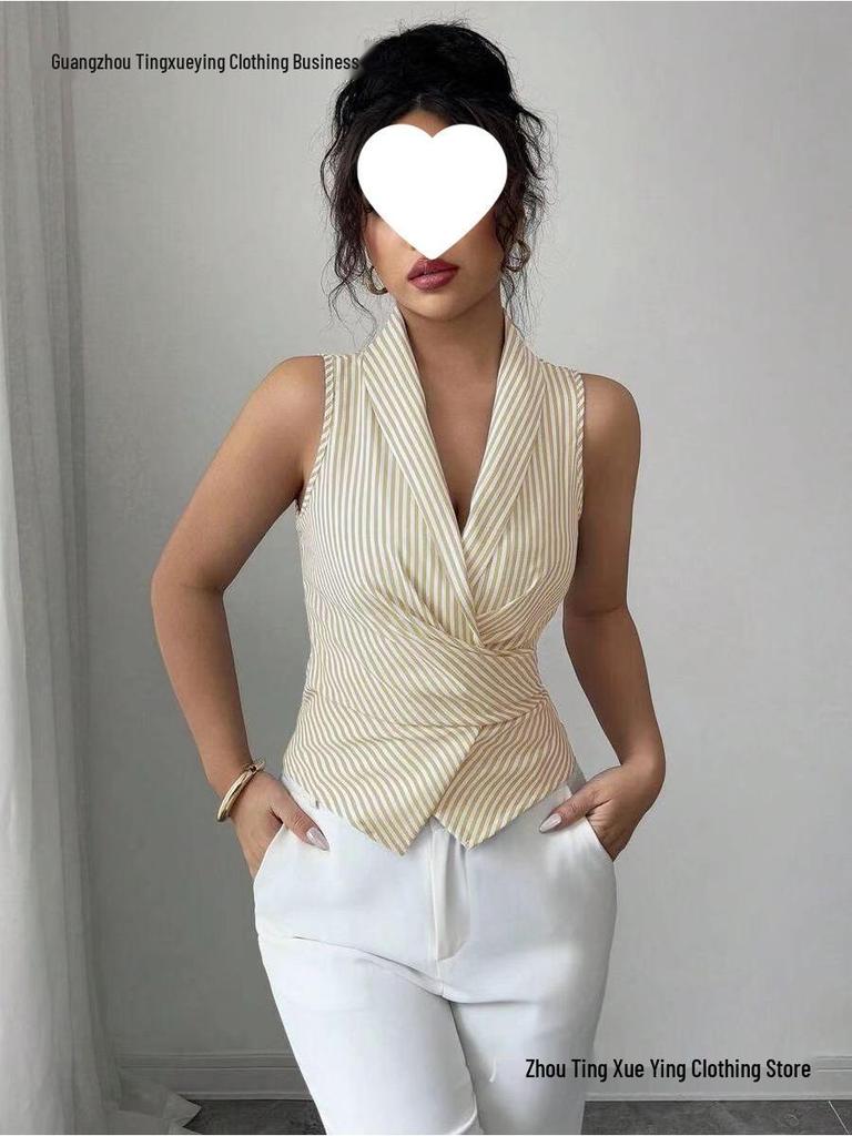 Striped Sleeveless Tie-Waist Slimming Vest for Women
