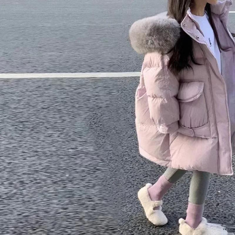 Winter Girls Jacket Long Solid Color Thick Warm Big Fur Collar Hooded Zipper Coat Teen Kids Parka