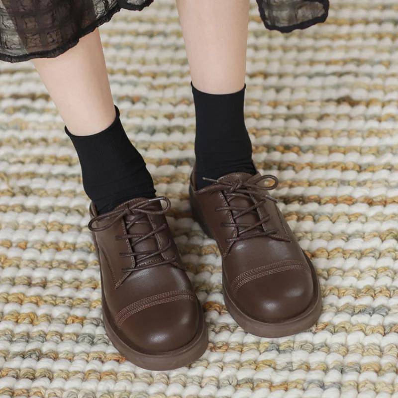 Leather Small Leather Shoes Women's British Style 2024 Spring and Autumn New Lace Up College Japanese JK Women's Shoes Thick Sol